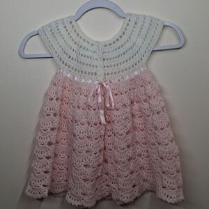 Crochet Handmade Girl's Dress Pink & White Ribbon Around Waist Size 3T